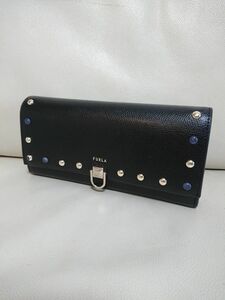 極上美品【FURLA フルラ】ミスミミ スタッズ 長財布 レザー シルバー金具 ブラック