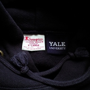 即決 YALE 縁取りロゴ USA製 赤タグ XLサイズ 12.5oz 肉厚 Champion REVERSE WEAVE プルオーバー パーカー ダークネイビーの画像2