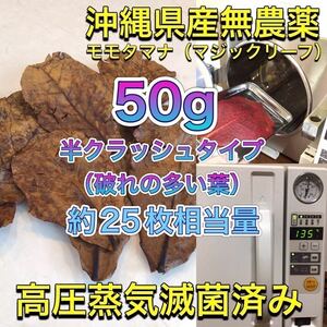 高圧蒸気滅菌済み沖縄県産無農薬モモタマナ　（マジックリーフ）半クラッシュタイプ（破れの多い葉）50g（20cm前後の葉が約25枚相当）