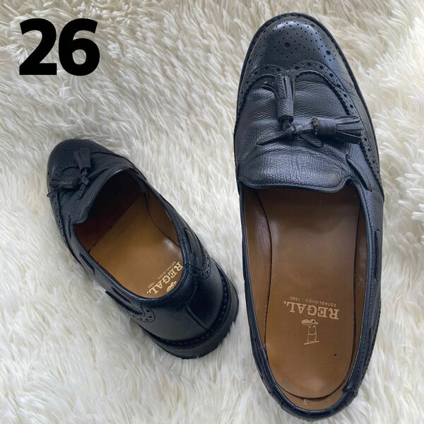 リーガル　REGAL タッセル　ウイングチップ　ドレスシューズ　革靴　ブラック黒　26.0
