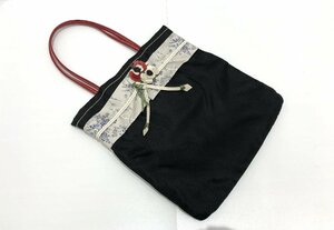 ★ プラダ PRADA 着物デザイン ミニ ハンド バッグ フラワー刺繍 ポコノ ナイロン レザー 黒 ×赤 中古★003089