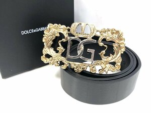 ★DOLCE & GABBANA ドルチェアンドガッバーナ バックル ベルト 王冠 ゴールド色 ブラック レザー ヴィンテージ 中古★003778