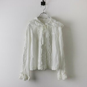  Pink House PINK HOUSE pico frill pin tuck hood ribbon blouse / white shirt f- dead long sleeve long [2400013784139]