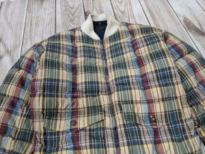 6．BARACUTA オールドバラクータ ヴィンテージ リバーシブル 無地 チェック柄 ボリュームダウンジャケット ブルゾン メンズL 紺黄緑z101