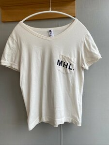 MARGARET HOWELL MHL. エムエイチエル ポケット ロゴ 半袖Tシャツ カットソー vネック 白 ホワイト コットン サイズ1　☆ちょこオク☆服