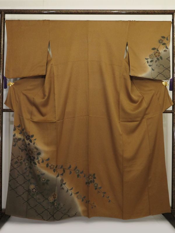 特别Dec123chhaha 手绘和服挂式和服, 金色漆面, 樱花图案, 枇杷茶【二手A】, 时尚, 女士和服, 和服, 绞刑