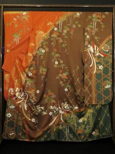 Art hand Auction Special 624 Janchrera langer Kimono, handbemalter Phönix mit glückverheißendem Muster in Orange und Braun [Gebraucht A], Mode, Damen-Kimono, Kimono, Furisode