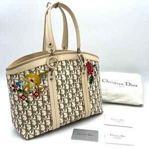 １円～ 超美品 ChristianDior クリスチャンディオール トロッター トートバッグ ハンドバッグ 刺繍 花柄 CDロゴ金具 取説 カード 保存袋付