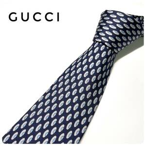 グッチ GUCCI プリント 総柄 シルク100% ネクタイ 剣先幅8.5cm フォーマル メンズ 紳士 服飾小物 ネイビー系 ドット GG柄 良品