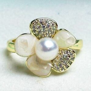 「綺麗本真珠指輪5mm お花デザイン」七宝焼き 天然パールリング シルバーk18仕上げの画像1