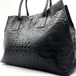 美品/入手困難◎ フルラ FURLA メンズ A4収納 トートバッグ ビジネス 肩掛け クロコ型押し 総柄裏地 レザー 黒 ブラック 超希少◎