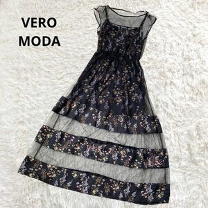 VERO MODA ワンピース　ロング　M チュールレース　花柄　総柄　ブラック　黒　透け感　