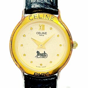 【1円スタート】CELINE セリーヌ GP×革ベルト ベージュ系文字盤 クオーツ レディース腕時計 ジャンク 253913