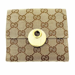 【1円スタート】GUCCI グッチ 120932・3661 GGキャンバス レザー Wホック ブラウン系 二つ折り 財布 255289