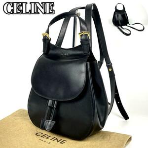 【美品】CELINE セリーヌ リュックサック ロゴ型押し 巾着 ドローストリング ゴールド金具 カーフ レザー 黒 ブラック ミニリュック