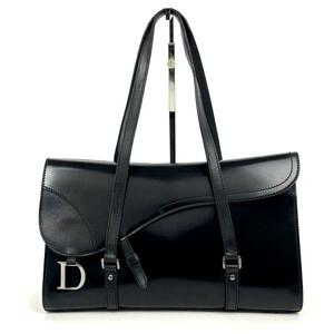 【美品】Christian Dior ディオール ハンドバッグ サドル D金具 トロッター シルバー金具 トートバッグ 裏地総柄 レザー 黒 ブラック