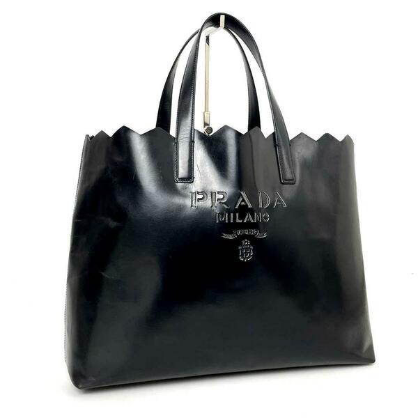 【美品】PRADA プラダ ハンドバッグ フラワー チューリップ パンチング トートバッグ 白タグ レザー 黒 ブラック フォーマル 男女兼用 A4可