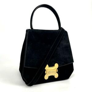 【美品】CELINE セリーヌ ハンドバッグ トリオンフ 2way ショルダーバッグ 斜め掛け ゴールド金具 レザー スエード 黒 ブラック 男女兼用