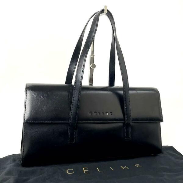 【希少】CELINE セリーヌ ハンドバッグ ロゴ型押し トートバッグ ゴールド金具 裏地総柄 レザー 黒 ブラック フォーマル 男女兼用 保存袋付