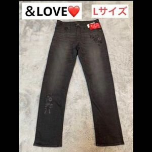 【新品】＆LOVE デニム　パンツ　ブラック　Lサイズ　花柄　リボン　刺繍