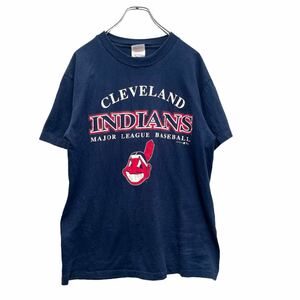 90s Hanes プリントTシャツ Mサイズ MLB インディアンス 酋長ロゴ ネイビー アメリカ古着 153