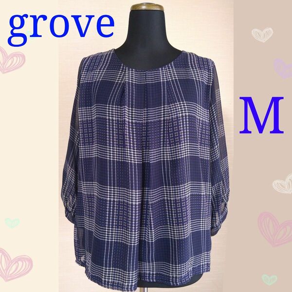 grove グローブ チェックシフォンブラウス M