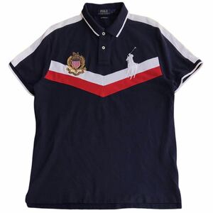 【美品】POLO RALPH LAUREN ポロ ラルフローレン ビッグポニー 半袖ポロシャツ メンズL カスタムフィット ネイビー 紺 アメリカ 国旗 正規