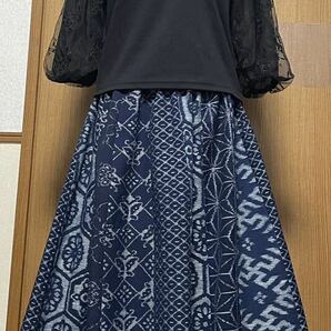 着物リメイク 久留米絣のパッチワークAラインスカート 16枚はぎ フリーサイズの画像1