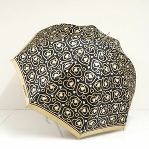 傘 YSL イヴサンローラン USED美品 ブラック ベージュ ハートプリント ロゴ刺繍 グラス骨 おわん型 ハートチャーム 60cm S A0343の画像2
