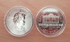 14481　銀貨/1oz　オーストリア ウィーン フィルハーモニー 1.5ユーロ 1枚　　カナダ メイプルリーフ 5ドル 1枚　包装無しで発送