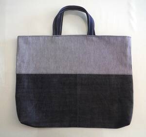 レッスンバッグ 大きめ 35cm×45cm 入園 入学 ハンドメイド ヒッコリーデニム お名前タグ付き