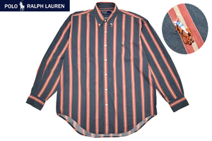 Y-5663★送料無料★Polo by Ralph Lauren ポロ ラルフローレン★超激レア ヴィンテージ ネイビー ストライプ ポニー刺繍 長袖 B/D シャツ M