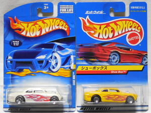 HOT WHEELS / シューボックス (2001 #117/白)+(日本版バンダイカード/黄) 開封用２台セット