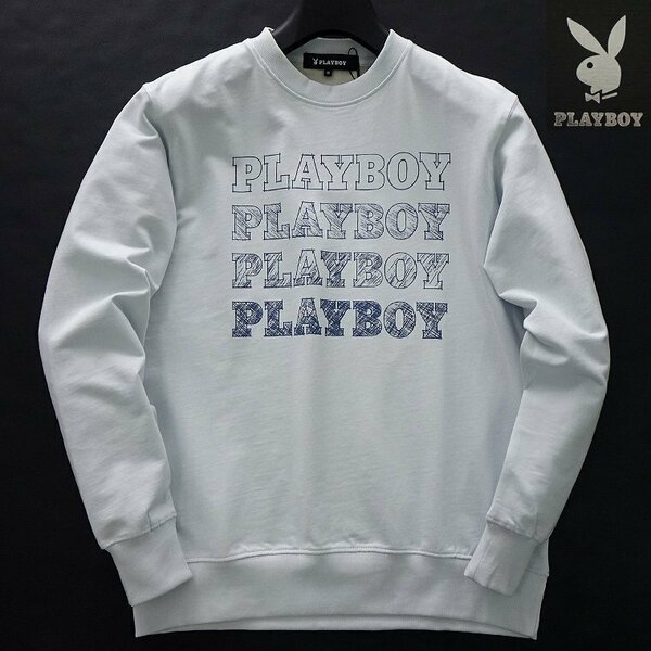 【新品ブランド品】送料無料 プレイボーイ PLAYBOY 24年春夏グラフィックメンズスウェット M 水色 ロゴ 長袖 綿 トレーナー PB1741022B-76