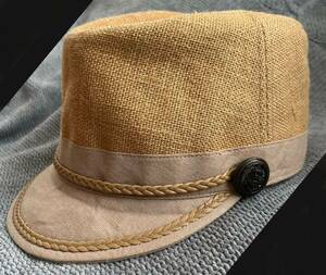 ジョッキー帽 ブラウン 麦わら帽子　STRAW 女性用　ベージュ　レディース　女性用　ボタン 夏　帽子