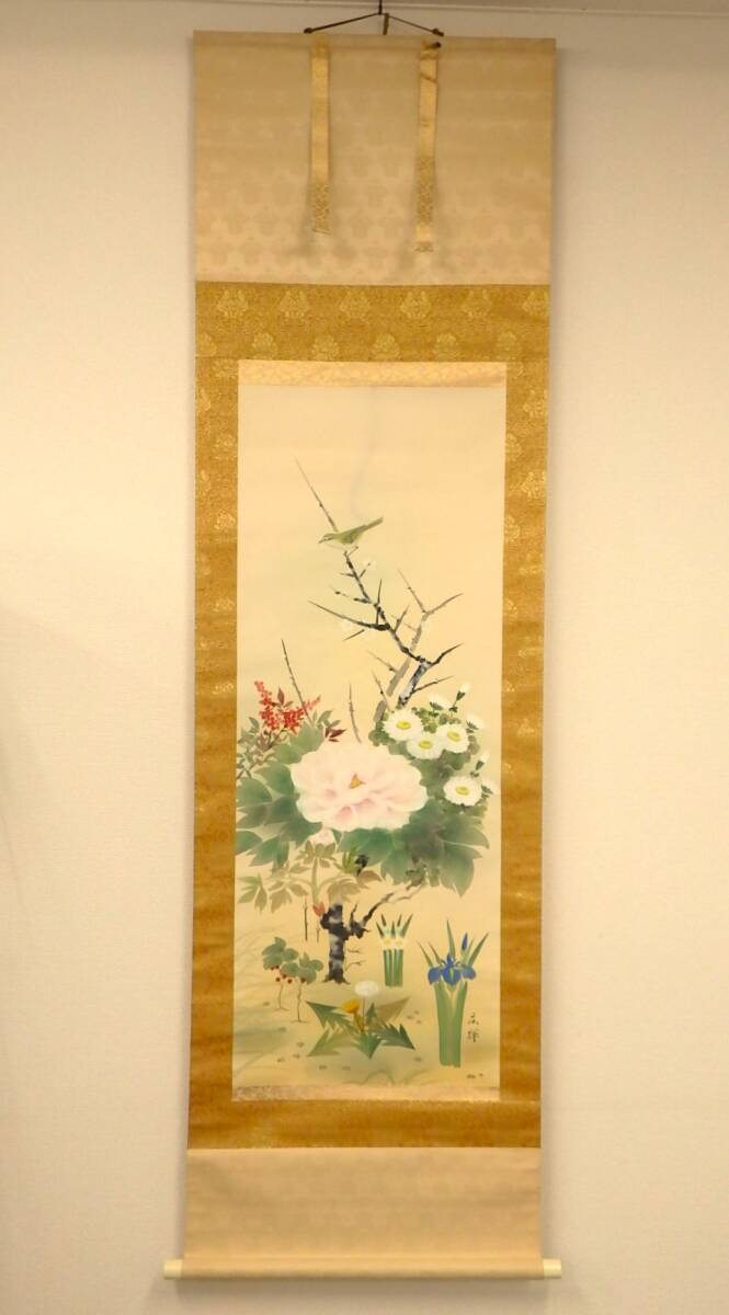 [Œuvre authentique] Parchemin suspendu/parchemin suspendu des quatre saisons de Hiroki Furumaki avec boîte, Livre de soie, Peinture/Peinture japonaise, Fleurs et oiseaux, Roses/Fleurs de cerisier/Kamakoei/Oiseaux, Intérieur de style japonais ZC017, ouvrages d'art, livre, parchemin suspendu