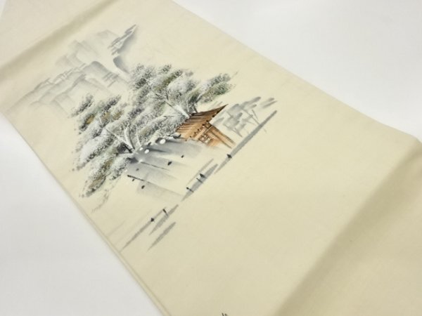 ys6804689; Hand-woven Tsumugi with hand-painted trees and temple landscape design, Nagoya obi [wear], Women's kimono, kimono, Tsumugi, Omeshi, others