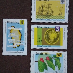 ドミニカ 1989 フィレックスフランス'89 4完 船 地図 コイン コーヒー  未使用糊ありの画像1