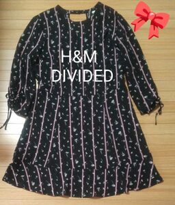 H&M DIVIDED 2way ワンピース or チュニック 黒 ストライプ 花柄 M ★3/31迄【察しクーポンで￥390】