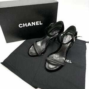 ＊ 付属品完備 イタリア製 '至高の逸品' シャネル CHANEL ココマーク 本革 × ベロア ヒール サンダル 34C 21cm レディース 高級婦人靴 