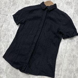 H ＊ 国内正規品 '高級婦人服' BURBERRY LONDON バーバリー 半袖 総刺繍 比翼 シャツ size38 レディース トップス NAVY