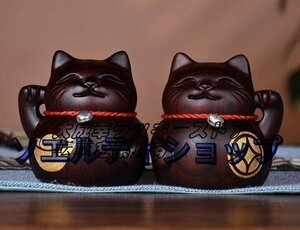 爆売り！黒檀招き猫実木彫刻置物2枚