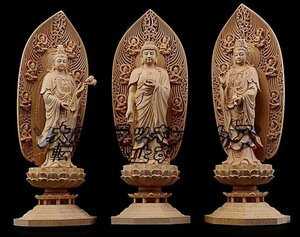 極上の木彫仏教美術 精密彫刻 仏像 手彫り 阿弥陀如来三尊立像 高さ約43ｃｍ
