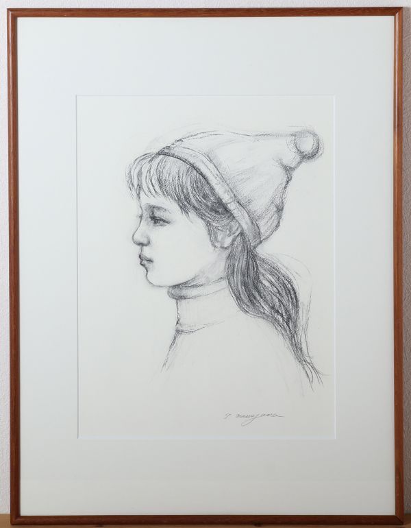 8476 Toshiharu Masuyama Tentative title: Winter Girl Drawing, handwriting, framed Authenticity guaranteed Sculptor Master: Yasutake Funakoshi Public art, artwork, painting, pencil drawing, charcoal drawing