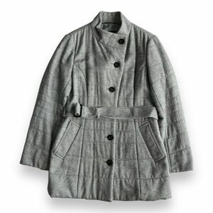 日本製 Aquascutum アクアスキュータム 6釦 スタンドカラー ウール シルク 中綿 ハーフ丈 コート ベルト ジャケット アウター 7F グレー