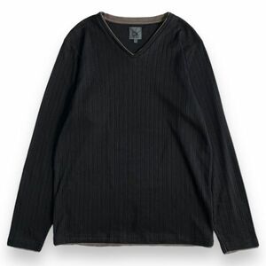 日本製 Calvin Klein CK カルバンクライン Vネック リブ コットン ポリエステル カットソー 長袖 Tシャツ ロンT トップス M ブラック系