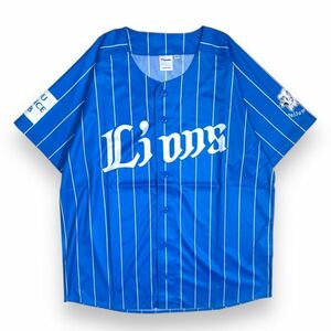 美品 公式 LIONS 埼玉 西武 ライオンズ Fanatics 半袖 ストライプ プリント レプリカ ユニフォーム ベースボール シャツ 野球 L ブルー