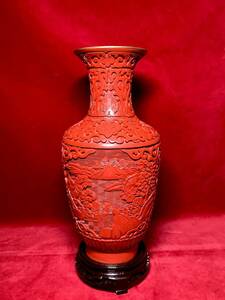 中国美術 楼閣山水紋 彫刻 堆朱 花瓶 花入 花器 細密彫刻 浮き彫 飾り壺 中国美術 漆芸 骨董 古美術 古玩