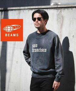 ★BEAMS★フェードプリントクルーネックスウェット★ビンテージ加工★ひび割れプリント★プルオーバー★ブラック★黒★Mサイズ★ビームス★