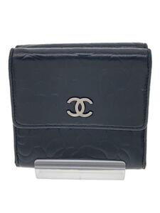 CHANEL◆3つ折り財布/レザー/BLK/無地/レディース